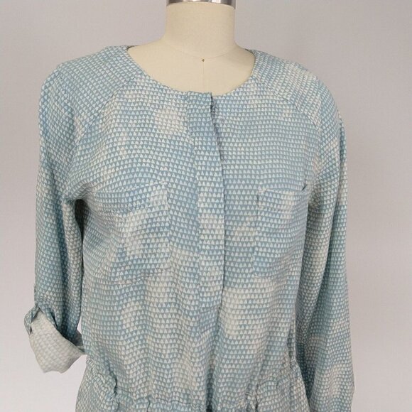 Lou & Grey Blue Geometric Print Drawstring Waist Dress Size S Roll Tab Sleeves - Picture 2 of 10